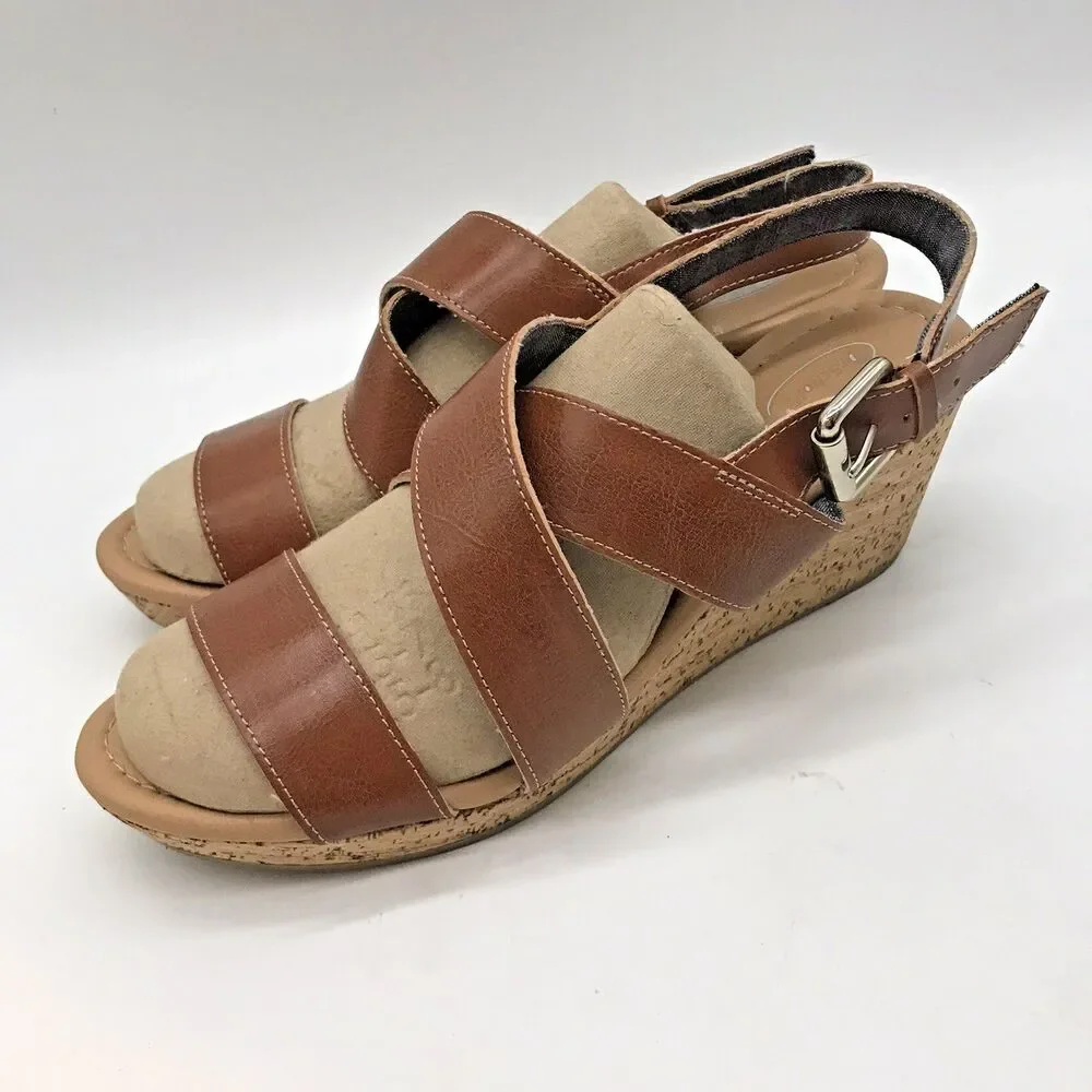 Dr. Scholl's Brenda Wedge Sandal Women's 9.5M Tan Leather & Cork Strappy Shoes